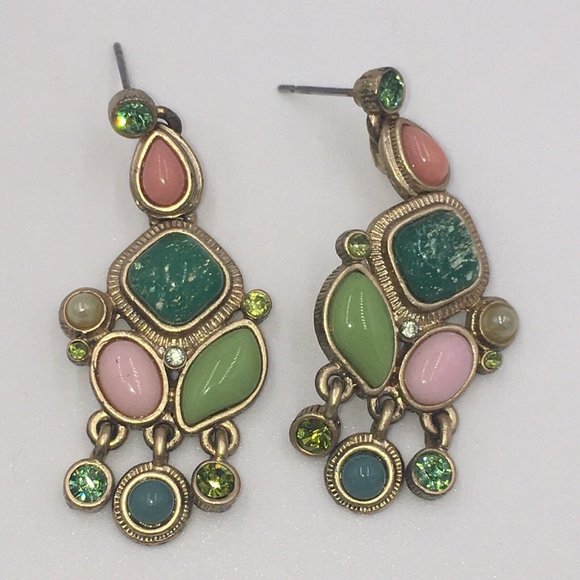 Silver Tone Dangle Pierced Post EARRINGS, Pink Green Glass Plastic Rhinestones - Picture 6 of 6